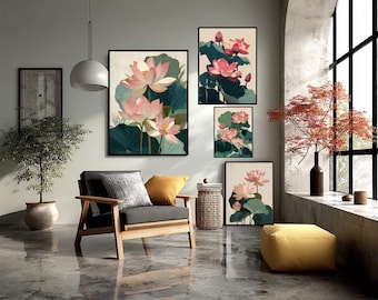 Lotus Flower Poster Botanical Art Floral Print Asian Wall Decor Vintage Plant Design Zen Gift