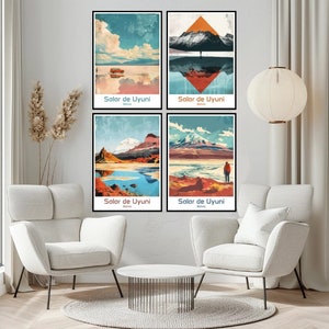 May include: Set of four colorful landscape prints featuring the Salar de Uyuni salt flats in Bolivia. Each print depicts a different scene with a mountain range, a blue sky, and a reflective surface of water. The prints are framed in a white border.