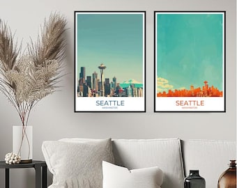 Seattle Skyline Poster Travel Print Seattle Washington Space Needle Wall Home Decor Canvas Travel USA Gift Room Decoration Illustration