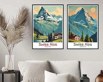May include: Two vintage-style travel posters featuring scenic views of the Swiss Alps. Both posters feature a mountain range with a village in the foreground and the text "Swiss Alps Switzerland".