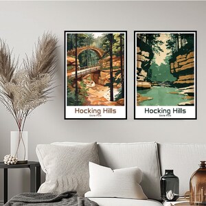 Póster del parque estatal Hocking Hills, impresión de viaje, arte de pared del parque Hocking Hills, decoración del hogar, lienzo, regalo de viaje, ilustración, habitación, decoración de EE. UU.