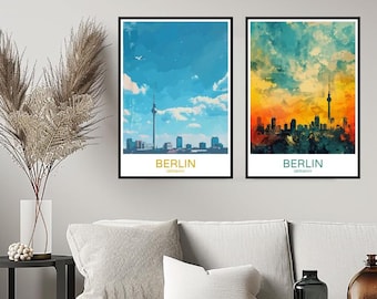 May include: Two watercolor paintings of the Berlin skyline. The first painting is a blue and white watercolor with a clear sky and the Berlin TV Tower in the center. The second painting is a yellow, orange, and blue watercolor with a cloudy sky and the Berlin skyline in the center. Both paintings have the word "BERLIN" and "GERMANY" written in gold at the bottom.