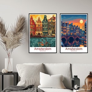 Amsterdam Poster Travel Print Wall Netherlands Amsterdam Poster Wall Art Home Decor CanvasNetherlands Retro Amsterdam Travel Illustration
