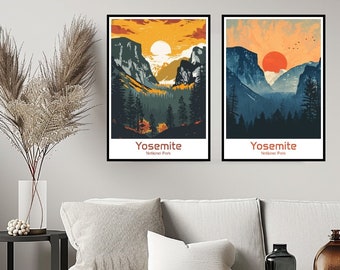 May include: Two Yosemite National Park posters featuring a mountain range and forest scene. The poster on the left has a yellow sunset with a sun in the sky. The poster on the right has an orange sunset with a red sun in the sky.