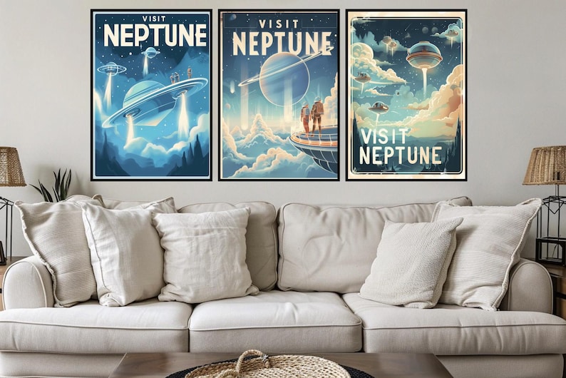 May include: Three framed art prints with a retro travel theme, each featuring a different scene of a UFO visit to Neptune. The prints have a vintage aesthetic with the words "VISIT NEPTUNE" at the top. The artwork is in shades of blue, green, and beige.