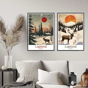 Lapland Finland Poster Travel Print Wall Finland Lapland Poster Wall Art Home Decor Canvas Lapland Finland Retro Travel Illustration