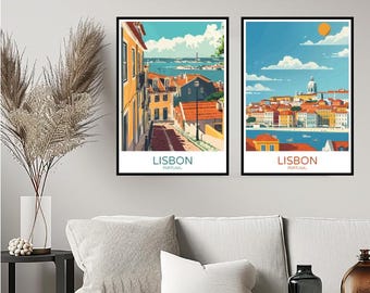 Póster de viaje con el horizonte de Lisboa, Portugal, puesta de sol en Oporto, lienzo para decoración del hogar, ilustración de viaje a Portugal, regalo decorativo