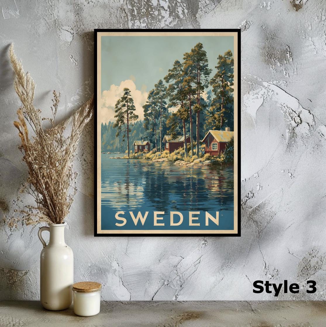 ヴィンテージスウェーデン旅行ポスター レトロスカンジナビアウォール