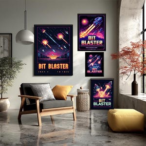May include: A living room scene featuring framed "Bit Blaster" art prints. The prints showcase a retro space theme with vibrant colours. The room includes a wooden armchair with cushions, a yellow ottoman, and a potted plant.