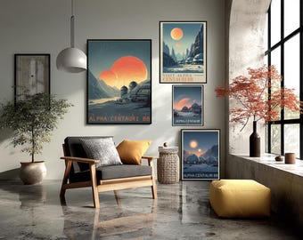 Visita Alpha Centauri Bb, póster de viaje futurista de ciencia ficción, exoplaneta retro, estrellas gemelas, arte mural.
