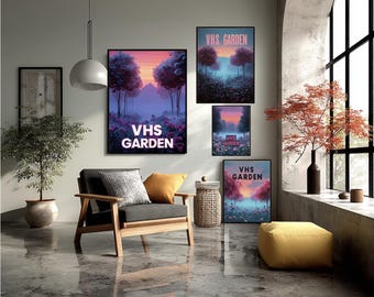 Vhs Aesthetic Garden Vaporwave Poster Neon Retro Landscape Synthwave Art Wall Decor