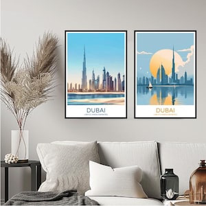 Dubai UAE Poster Travel Print Dubai Burj Khalifa Skyline Sunset Wall Home Decor Canvas Travel Emirates Gift Room Decoration Illustration