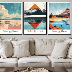 May include: Three framed prints with a colorful abstract design of a landscape with a lake and mountains. The prints are titled "Salar de Uyuni, Bolivia".