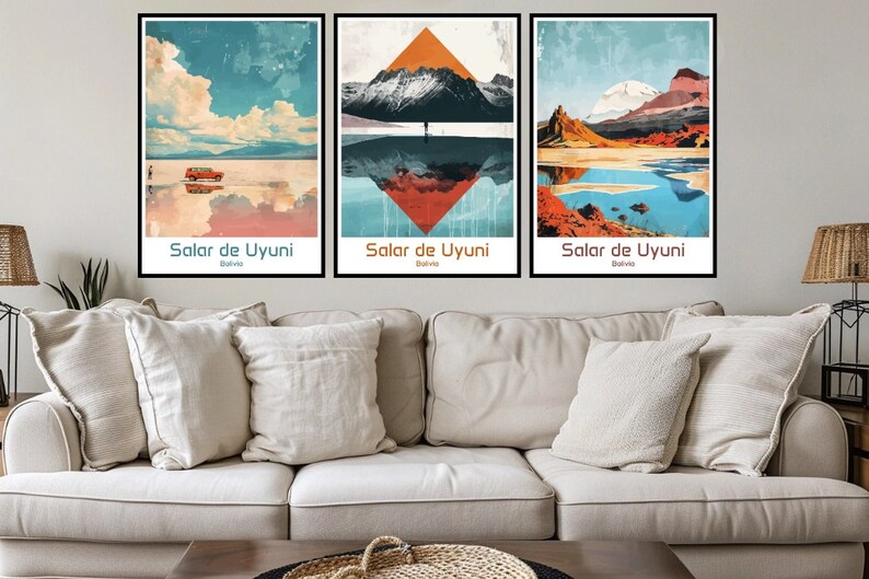 May include: Three framed prints with a colorful abstract design of a landscape with a lake and mountains. The prints are titled "Salar de Uyuni, Bolivia".