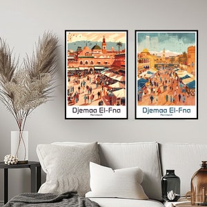 May include: Two colorful illustrations of Djemaa El-Fna in Marrakech, Morocco. The illustrations depict a bustling marketplace with people, stalls, and buildings.