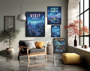 Póster de ciudad futurista de la Tierra, ciencia ficción, futurismo retro, utopía, horizonte, era espacial, viajes, estilo art déco, impresión de pared, ilustración