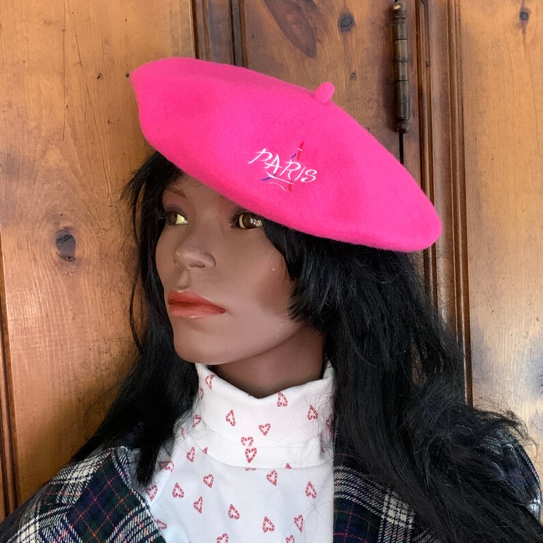 Embroidered hot pink Paris wool beret