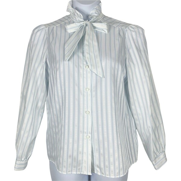 Vintage Blouse 14 Placements Tie Neck Top Striped Button Up Blue White Shimmer