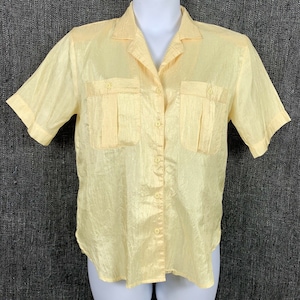Vintage Blouse Lindsey Blake Button Up Top Size 8 Light Yellow Short Sleeve Shoulder Pads Womens Shirt