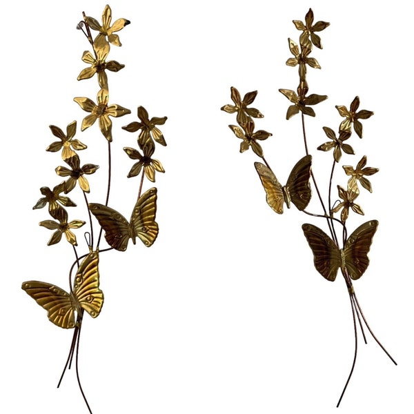 Vintage Brass Butterfly Wall Art MCM Gold Flowers Home Decor 2 Pieces 25"