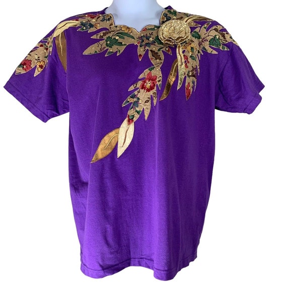Vintage T Shirt Purple Gold Applique Shoulder Pad… - image 1