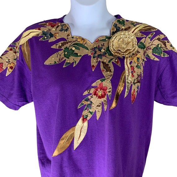 Vintage T Shirt Purple Gold Applique Shoulder Pad… - image 3