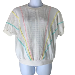 Vintage Blouse Size Large Knit White Pastel Short Sleeved Alabuy