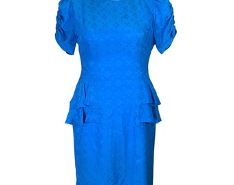 Vintage Silk Dress 4 Sophisticates Petites Knee Length Blue Jacquard Fitted