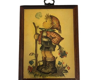 Vintage Wall Plaque 5x6.5" 70s Wood Hanging Decoupage Hummel