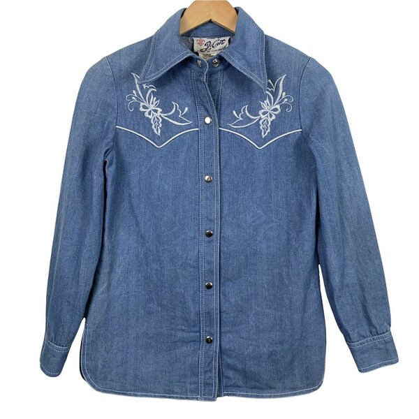 Vintage Denim Shirt Di Costa British Hong Kong Snap Button Up Floral Embroidery