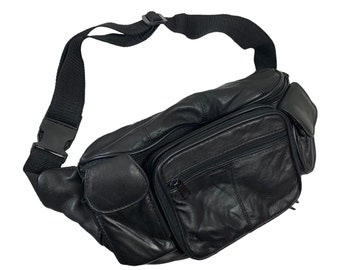 Vintage Black Leather Fanny Pack Belt Waist Bag Adjustable Organizer Pockets