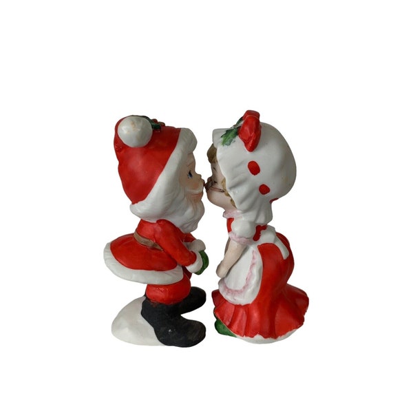 Vintage Lefton Christmas Figurines Bisque Santa Mrs Claus Kissing 3.5" 02139