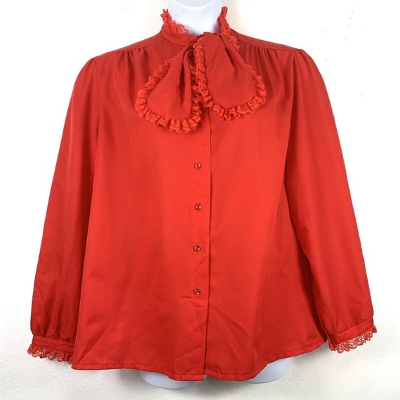 Vintage Rhapsody Blouse Tie Neck Red Lace Button U