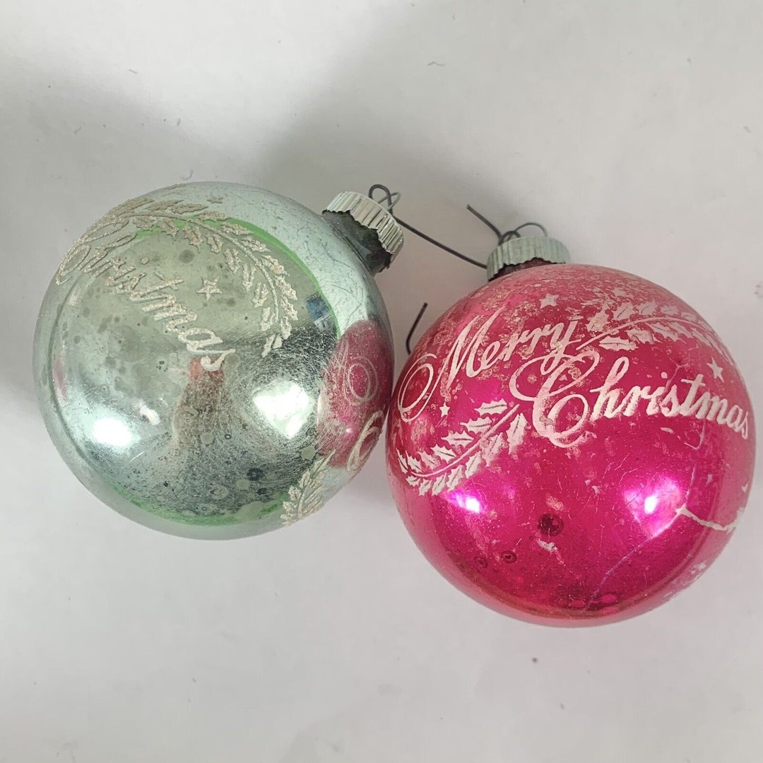 Vintage Mercury Glass Christmas Ornaments Set of 2 Merry Christmas Shiny Brite Retro Seasonal