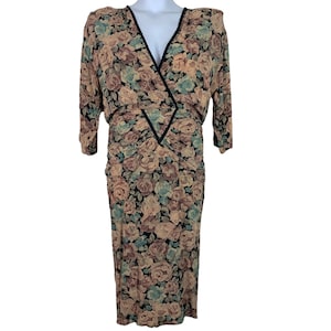 Vintage Dress 80s Floral V Neck Shoulder Pads Barbara Barbara California