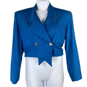 Vintage Cropped Blazer Large Blue Bronze Button Front Shoulder Pads Tina Hagen