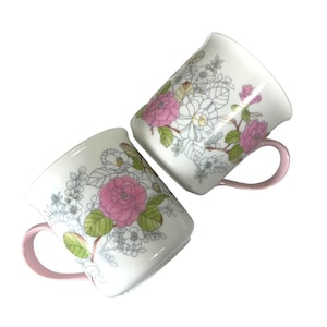 Vintage Coffee Mug Cup Set of 2 Floral Butterfly Pink White 12 oz Made in Japan