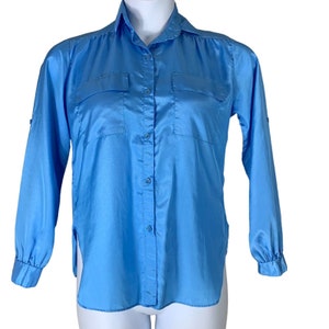 Vintage Blouse Size XS Blue Satin All Hours Button Up Shirt Side Slits