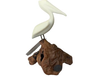 John Perry Sculptures Pelican Bird Pellucida Resin Wood Base Vintage Art 7"