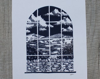 A5 Mini Print - Window Set - 'Dry Stone Wall' - Hand Printed Lino - Cumbria, Lake District Inspired - Nature, Mountains, Walking - Wall Art