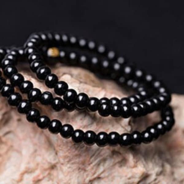 MUNE Original 108 Natural Black Ebony Bead Prayer Japa Rosary Mala Bracelet Necklace 5mm Beads Elastic Band