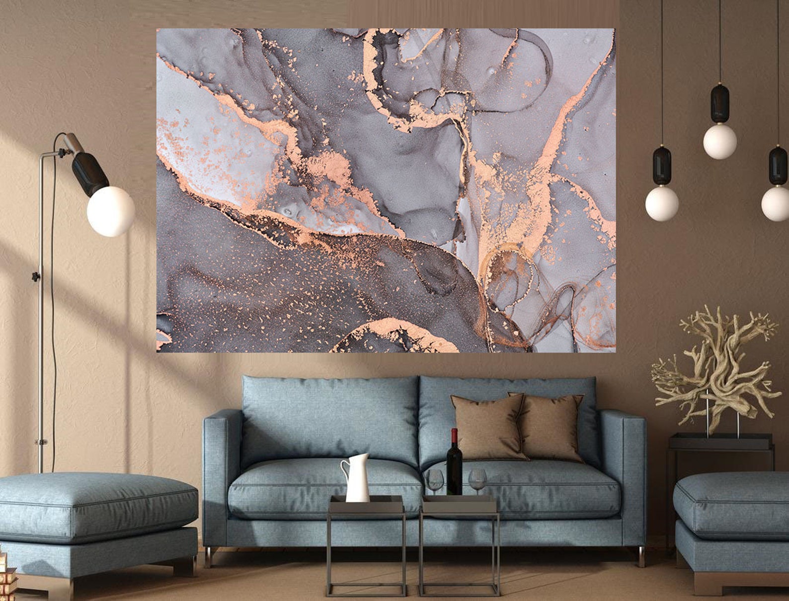 Navy Grey and Gold yellow Marble Wall Art Abstract Canvas Etsy