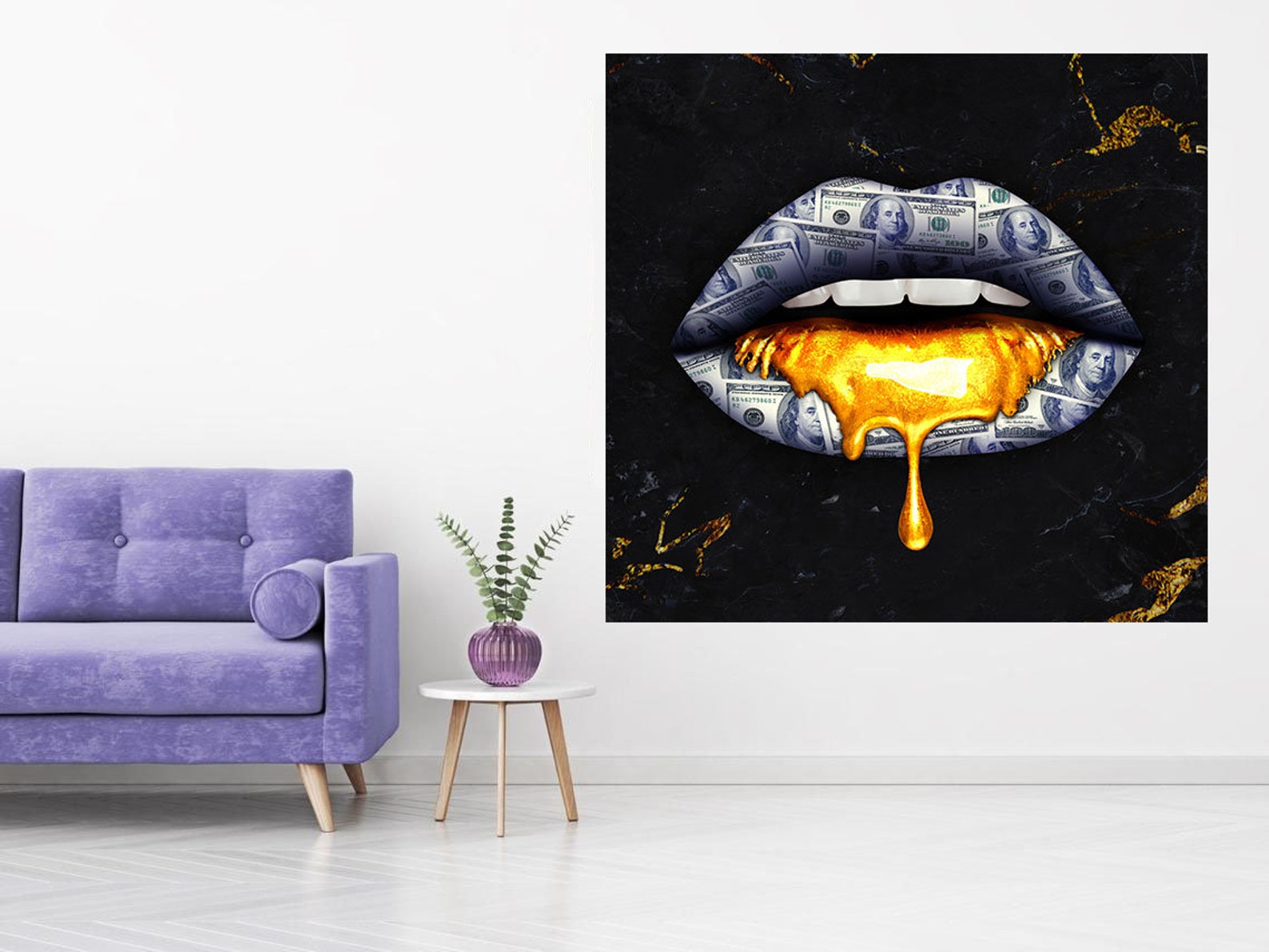 Gold lips canvas Large canvas art Glitter lips art Romantic Etsy