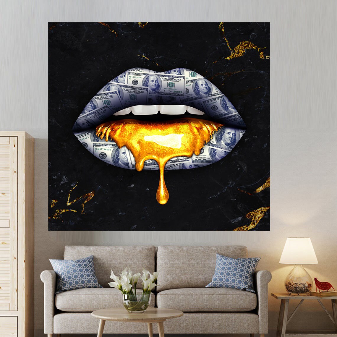Gold lips canvas Large canvas art Glitter lips art Romantic Etsy