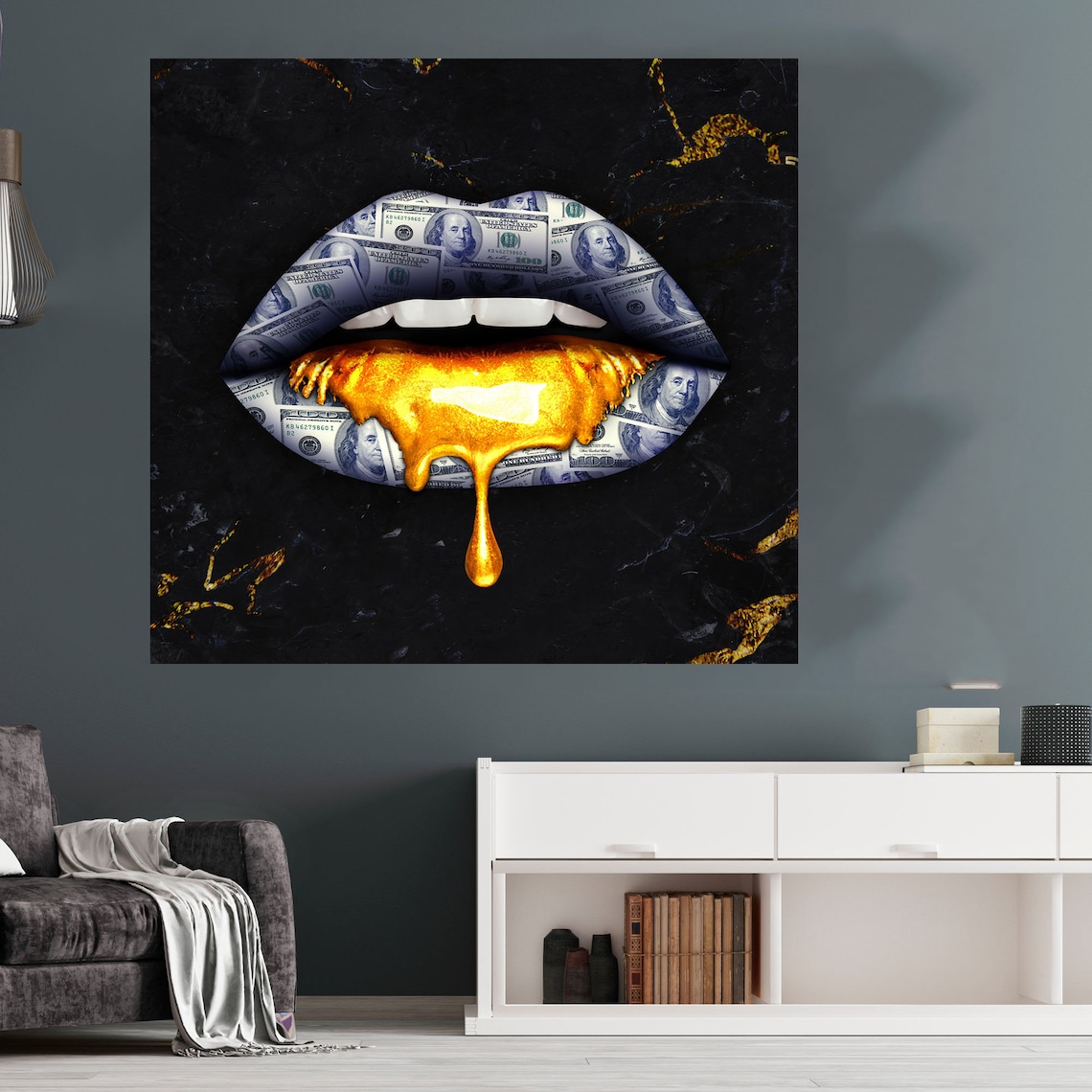 Gold lips canvas Large canvas art Glitter lips art Romantic Etsy