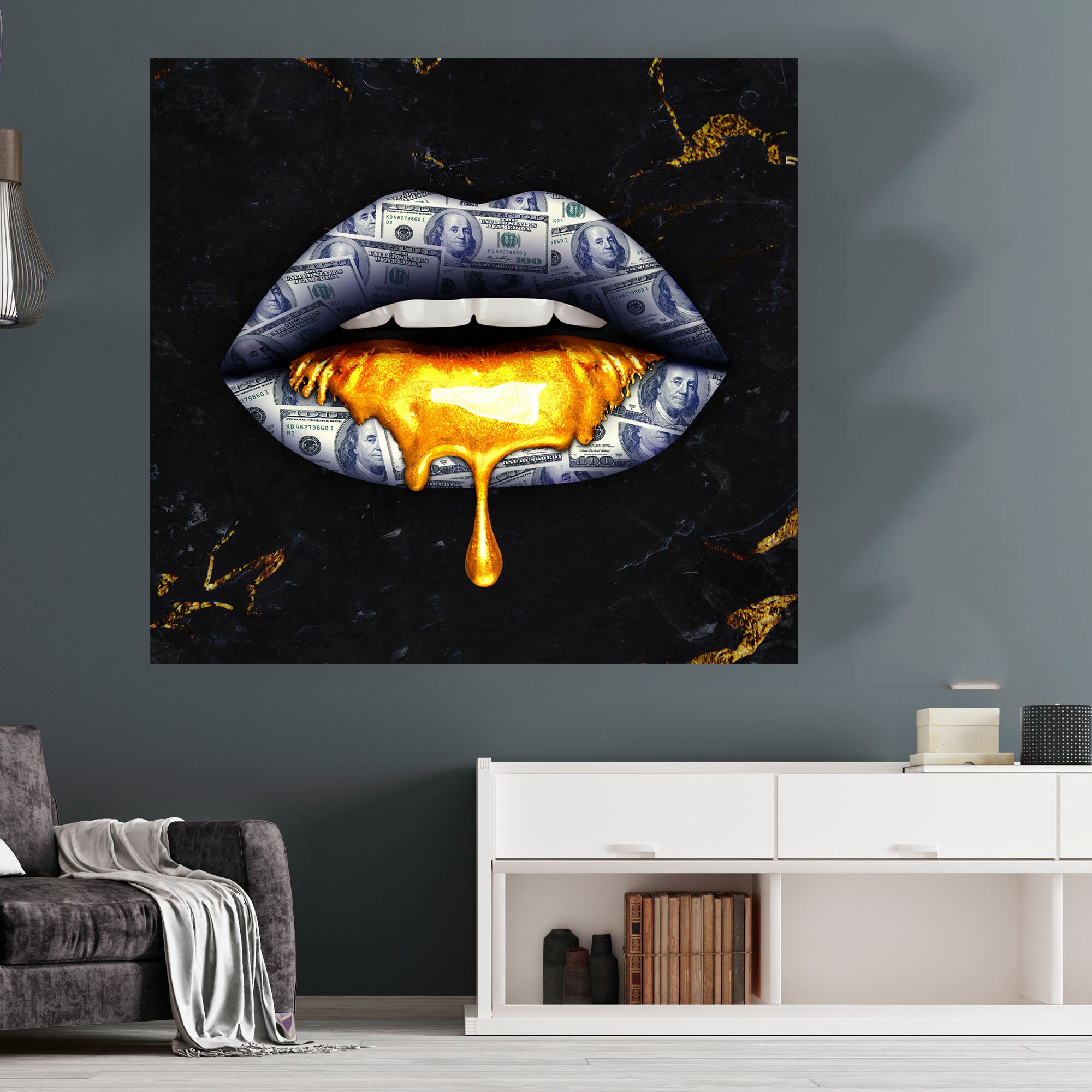 Gold lips canvas Large canvas art Glitter lips art Romantic Etsy