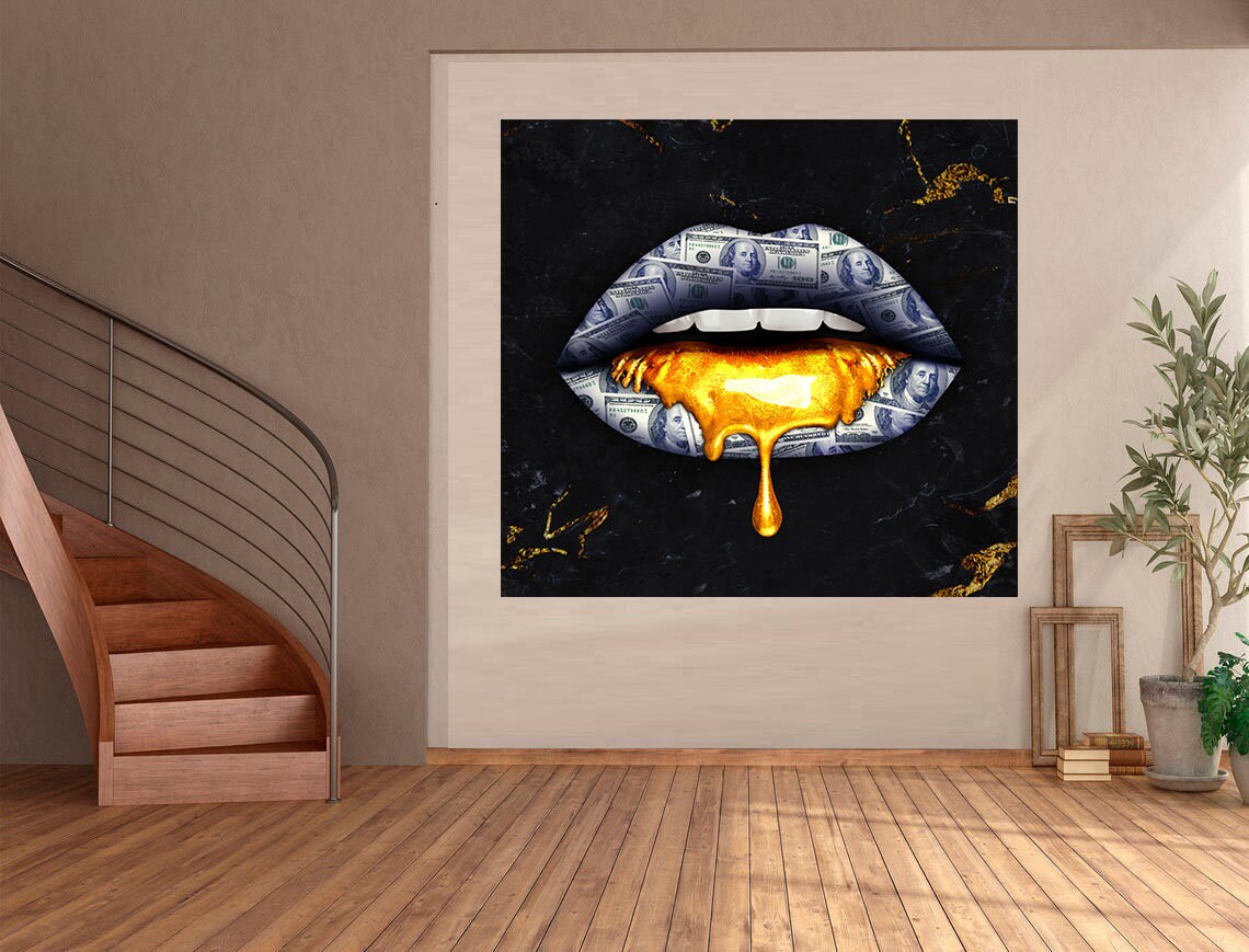 Gold lips canvas Large canvas art Glitter lips art Romantic Etsy