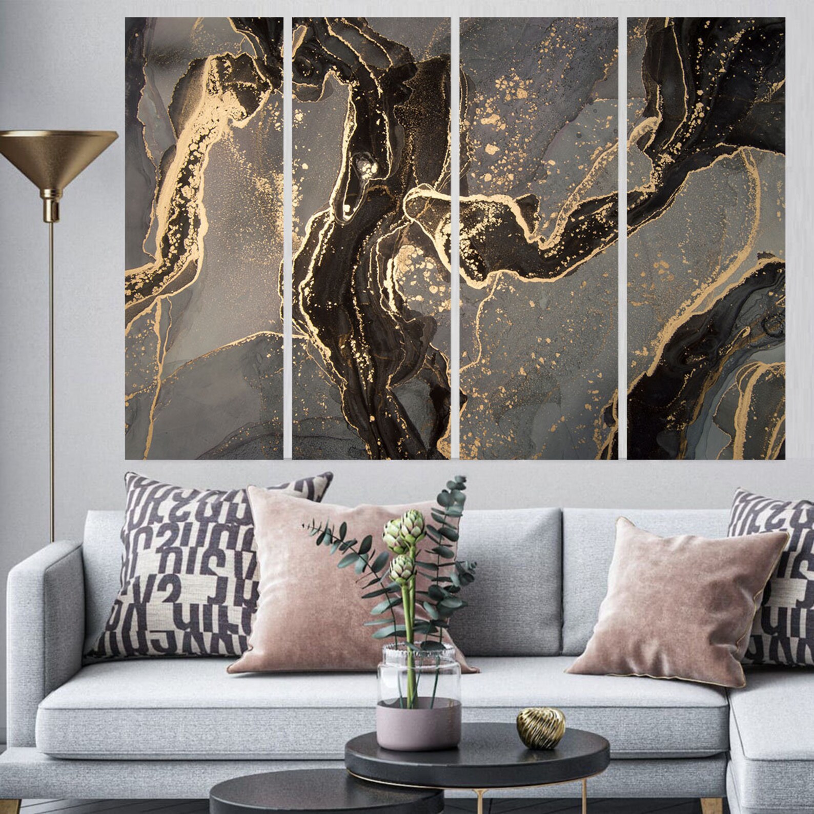 Black & Grey Wall Art 5 Panels Large Marble Canvas Art 3 Etsy