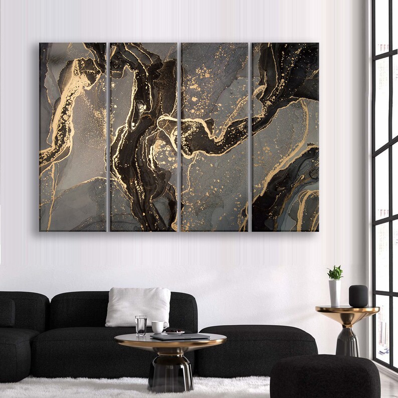 Black & Grey Wall Art 5 Panels Large Marble Canvas Art 3 Etsy