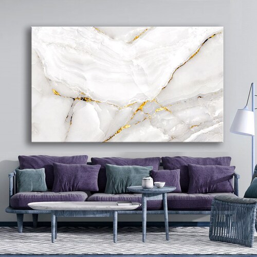 White Gold Marble Canvas Print Abstract Wall Art Modern Living Etsy